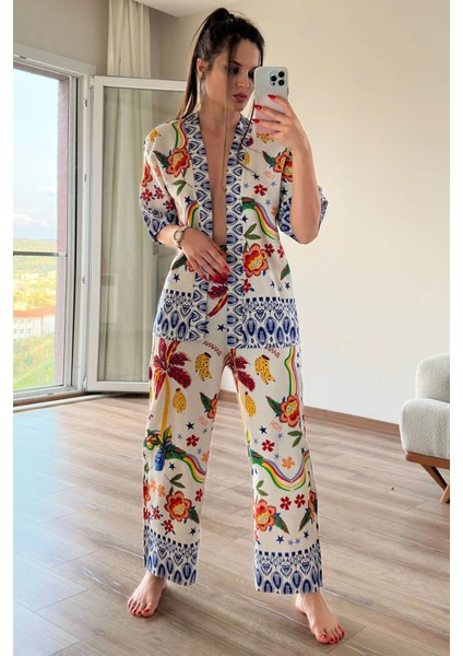 Kadın Renkli Çicekli Keten Kimono Takım