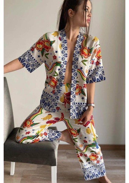 Kadın Renkli Çicekli Keten Kimono Takım fırsatları