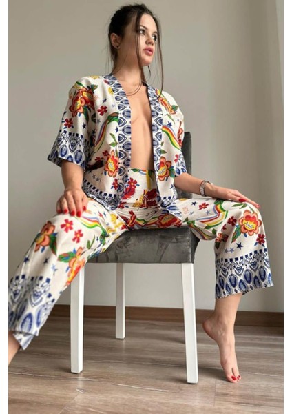 Kadın Renkli Çicekli Keten Kimono Takım indirimleri