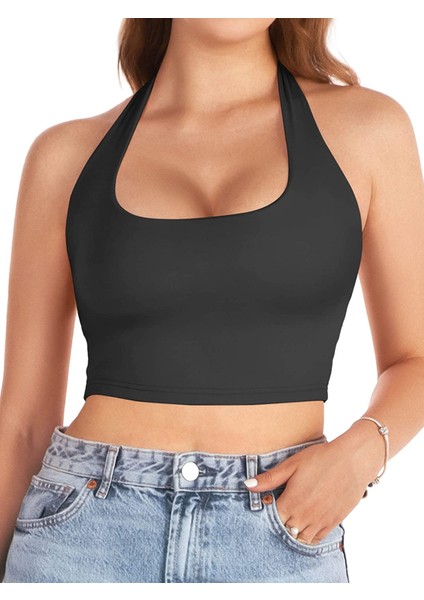 Kadın Kare Yaka Siyah Renk Crop Top Bluz