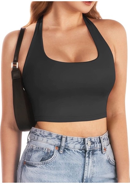 Kadın Kare Yaka Siyah Renk Crop Top Bluz