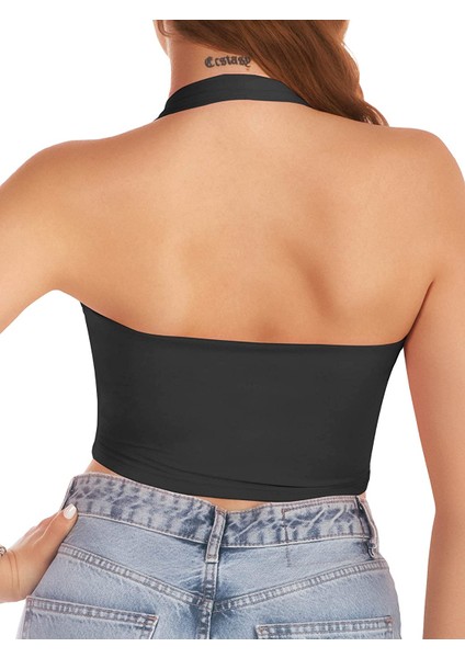 Kadın Kare Yaka Siyah Renk Crop Top Bluz