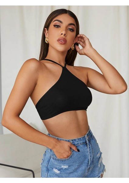 Kadın Siyah Renk Sırtı Açık Bağcıklı Sütyen Stil Super Crop Halter Bluz