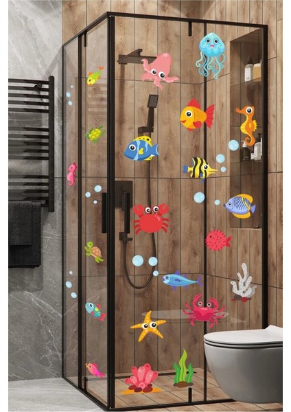 Sevimli Deniz Canlıları Balık, Yengeç, Ahtapot Duşa Kabin Banyo Duvar Sticker Duvar Dekoru
