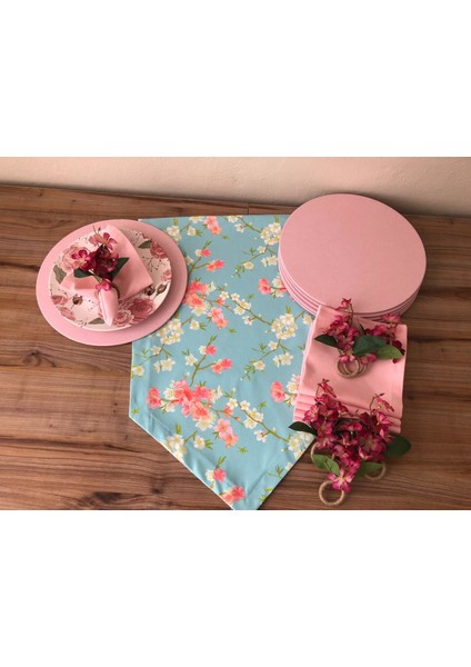 Trend Yuvam Sofra Sunum Seti Mint Zemin Pembe Çiçek Desenli Takım