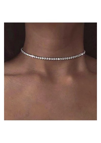 Hediyemolsun Kadın Gümüş Renk Taşlı Choker Su Yolu Kolye
