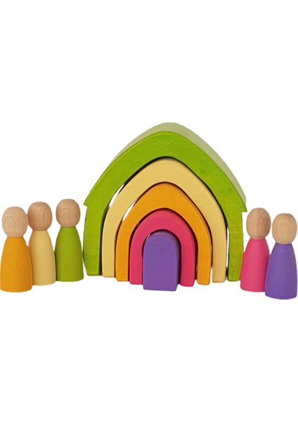 Waldorf Pastel Renkler 5'li Ev ve 5'li Peg Bebek Seti Ahşap Oyuncak