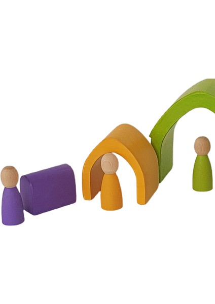 Waldorf Pastel Renkler 5'li Ev ve 5'li Peg Bebek Seti Ahşap Oyuncak