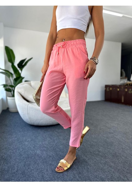 Kadın Modal Kumaş Kuş Gözü Bağcıklı Pembe Pantolon