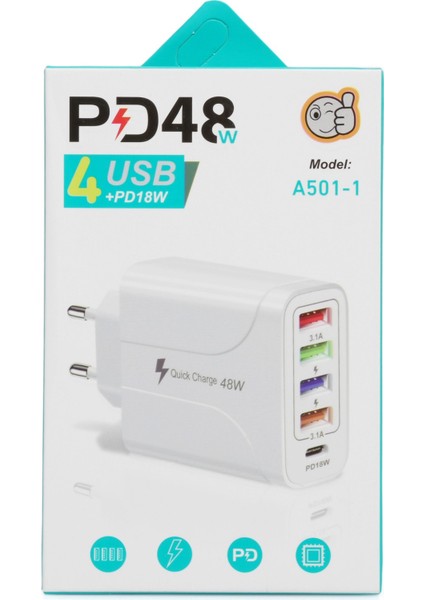 Quick Charge 48W 4 USB + 18W Pd Çoklu Şarj Başlığı Type C Girişli Hızlı Şarj Adaptörü A501-1