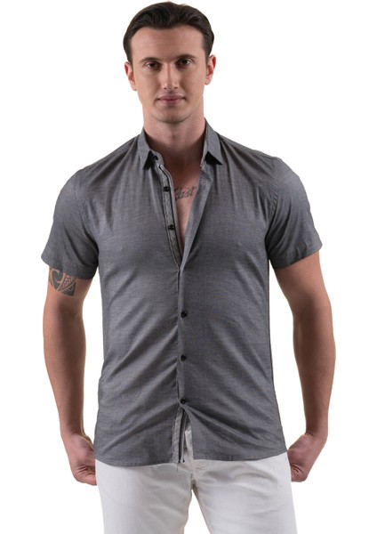 Gri Yaka ve Göğüs Içi Detaylı Oxford Pamuk Slim Fit Kısa Kollu Yazlık Gömlek modelleri