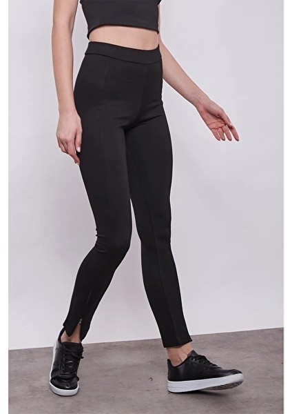 Kadın- Paçası Fermuarlı Yüksek Bel Tayt-Siyah fırsatları