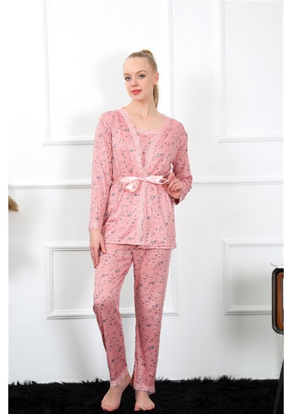 Kadın 3'lü Gül Kurusu Sabahlık Pijama Takım 16103 modelleri