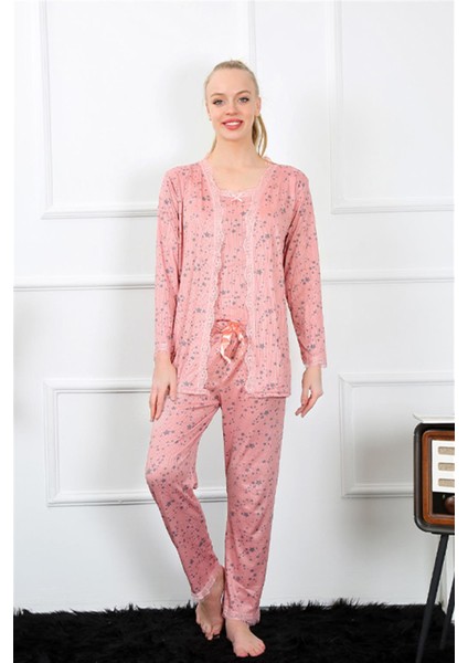 Kadın 3'lü Gül Kurusu Sabahlık Pijama Takım 16103 fırsatları