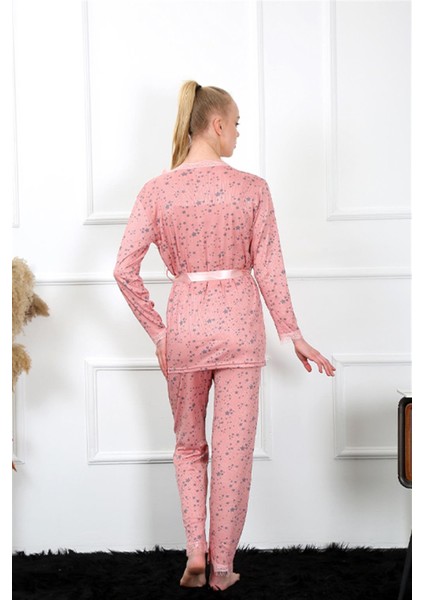 Kadın 3'lü Gül Kurusu Sabahlık Pijama Takım 16103 indirimleri