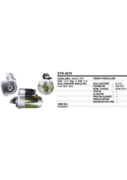 Marş Motoru 9 Diş 12V Fıat Traktör 480/640 63296847 STR4670