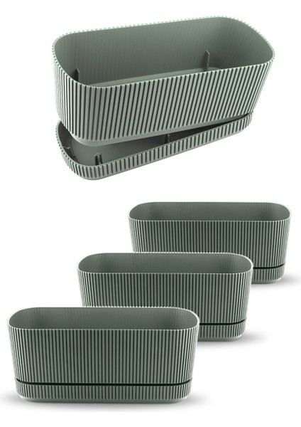4 Adet Pera Uzun Saksı Seti No1 1,5 Litre Su Yeşili 23CM Plastik Tabaklı Çiçek Bitki Balkon Saksısı