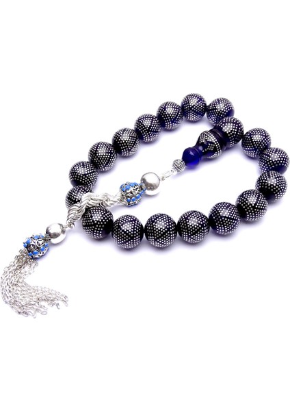 Gümüş Kakma Işlemeli Mavi Ateş Kehribar Tesbih