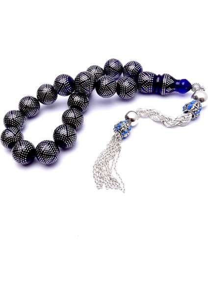 Gümüş Kakma Işlemeli Mavi Ateş Kehribar Tesbih fiyatları