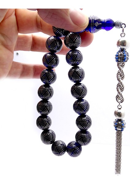 Gümüş Kakma Işlemeli Mavi Ateş Kehribar Tesbih modelleri