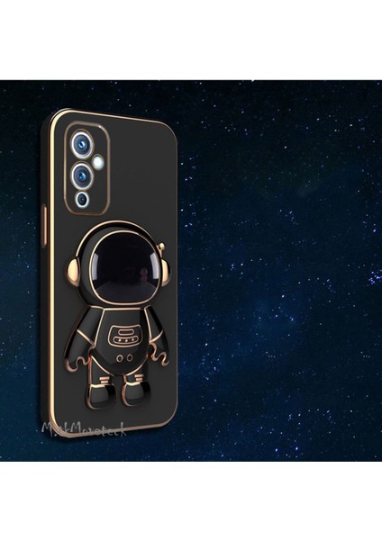 One Plus 9 Uyumlu Kılıf Yatay ve Dikey Standlı Astronot Tutacaklı Sevimli Parlak Gold Altın Kenarlı Şeritli Tam Korumalı 9d