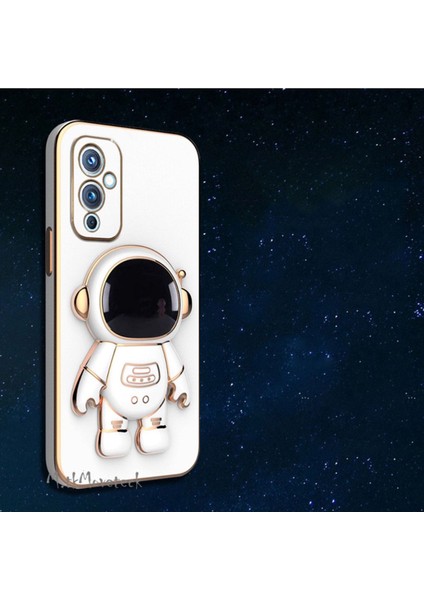 One Plus 9 Uyumlu Kılıf Yatay ve Dikey Standlı Astronot Tutacaklı Sevimli Parlak Gold Altın Kenarlı Şeritli Tam Korumalı 9d