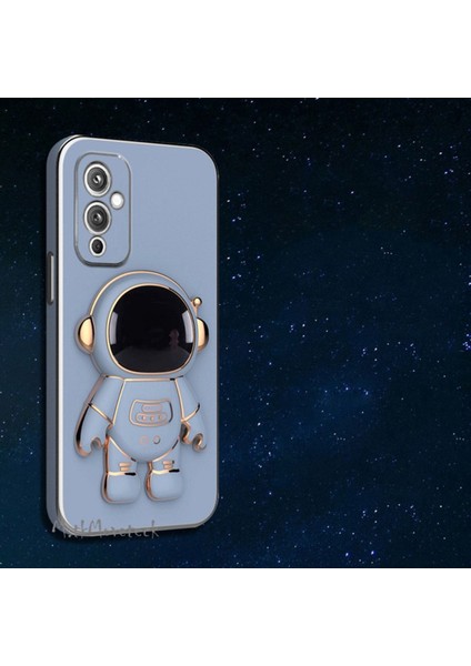 One Plus 9 Uyumlu Kılıf Yatay ve Dikey Standlı Astronot Tutacaklı Sevimli Parlak Gold Altın Kenarlı Şeritli Tam Korumalı 9d