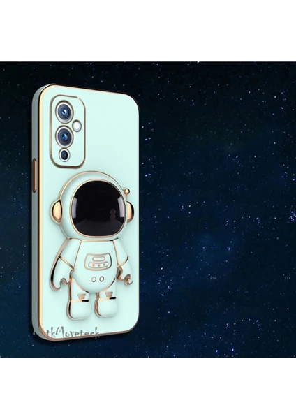 MTK Moveteck One Plus 9 Uyumlu Kılıf Yatay ve Dikey Standlı Astronot Tutacaklı Sevimli Parlak Gold Altın Kenarlı Şeritli Tam Korumalı 9d