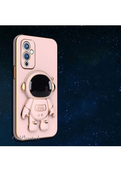 MTK Moveteck One Plus 9 Uyumlu Kılıf Yatay ve Dikey Standlı Astronot Tutacaklı Sevimli Parlak Gold Altın Kenarlı Şeritli Tam Korumalı 9d