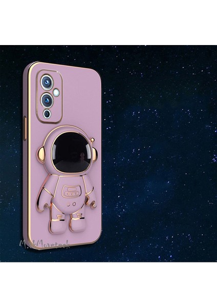 One Plus 9 Uyumlu Kılıf Yatay ve Dikey Standlı Astronot Tutacaklı Sevimli Parlak Gold Altın Kenarlı Şeritli Tam Korumalı 9d