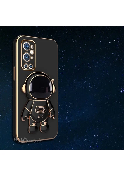 MTK Moveteck One Plus 9 Pro Uyumlu Kılıf Yatay ve Dikey Standlı Astronot Tutacaklı Sevimli Parlak Gold Altın Kenarlı Şeritli Tam Korumalı 9d