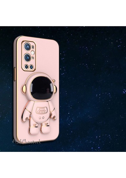 One Plus 9 Pro Uyumlu Kılıf Yatay ve Dikey Standlı Astronot Tutacaklı Sevimli Parlak Gold Altın Kenarlı Şeritli Tam Korumalı 9d