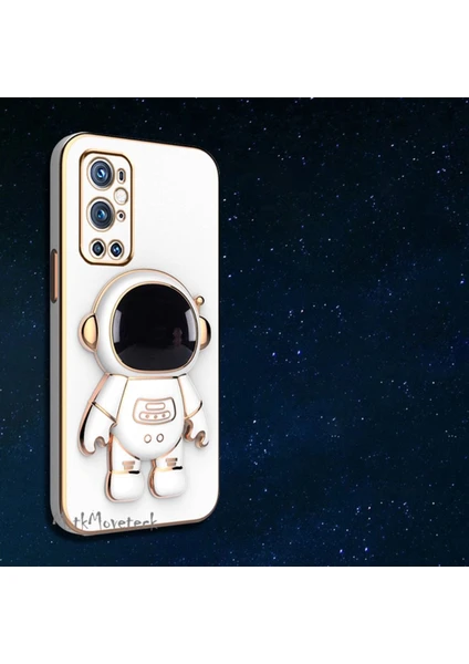 MTK Moveteck One Plus 9 Pro Uyumlu Kılıf Yatay ve Dikey Standlı Astronot Tutacaklı Sevimli Parlak Gold Altın Kenarlı Şeritli Tam Korumalı 9d