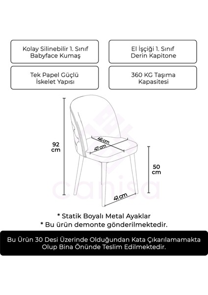 Concept Kage Serisi 6 Adet Mutfak Sandalyesi Kapitoneli Kahve Metal Ayak 1. Sınıf Babyface Kumaş