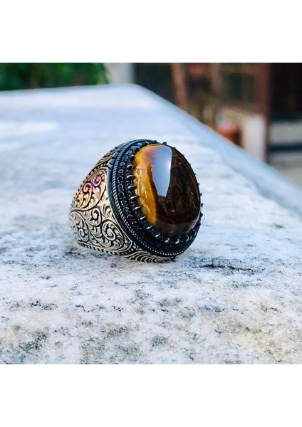 925 Ayar Gümüş Kahverengi Kaplangözü Taşlı Kalem Işlemeli Usta Işi Erkek Yüzük