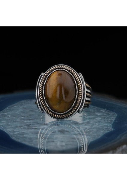 925 Ayar Gümüş Kahverengi Kaplangözü Taşlı Oval Erkek Yüzük