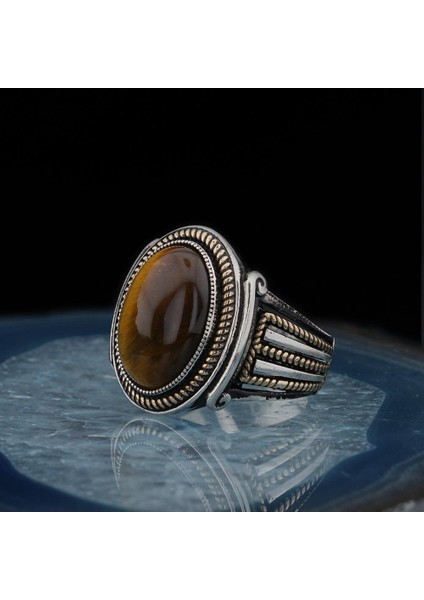 925 Ayar Gümüş Kahverengi Kaplangözü Taşlı Oval Erkek Yüzük fiyatları