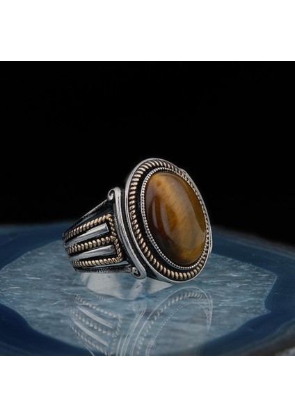 925 Ayar Gümüş Kahverengi Kaplangözü Taşlı Oval Erkek Yüzük modelleri