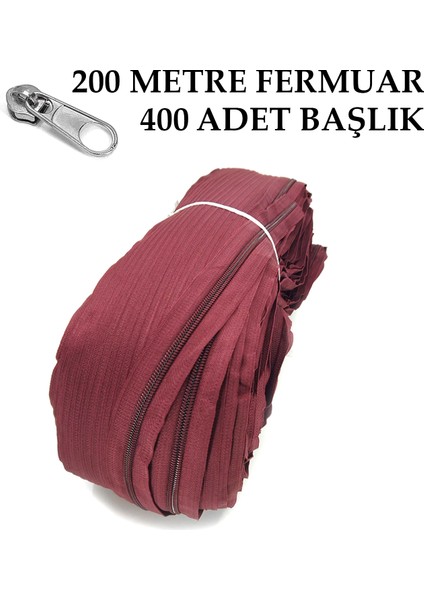 T5 Plastikdiş Fermuar Bordo Fermuar ve Başlık (200 mt Fermuar 400 Adet Başlık)