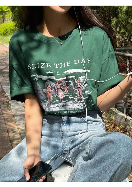 Kadın Seize The Day Baskılı Oversize T-Shirt