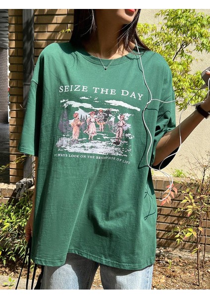 Kadın Seize The Day Baskılı Oversize T-Shirt