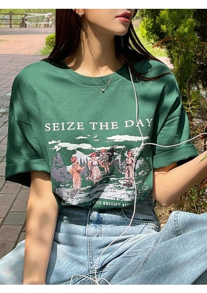 Kadın Seize The Day Baskılı Oversize T-Shirt