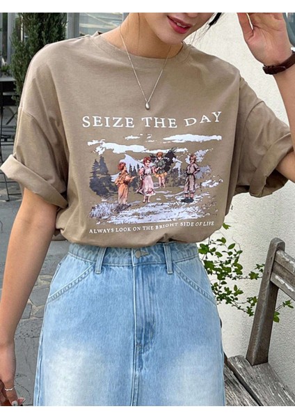 Kadın Seize The Day Baskılı Oversize T-Shirt