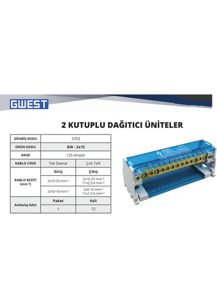 2X15 Kutuplu Dağıtıcı Ünite (125 Amper)