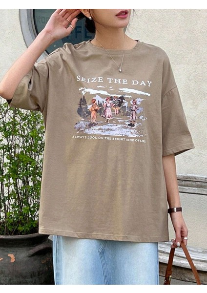 Kadın Seize The Day Baskılı Oversize T-Shirt modelleri