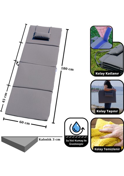 Katlanır Plaj Minderi - Taşınır Kamp Yatağı 1. Kalite Su Itici Kumaş Lüks 180X60X3 Antrasit fiyatları