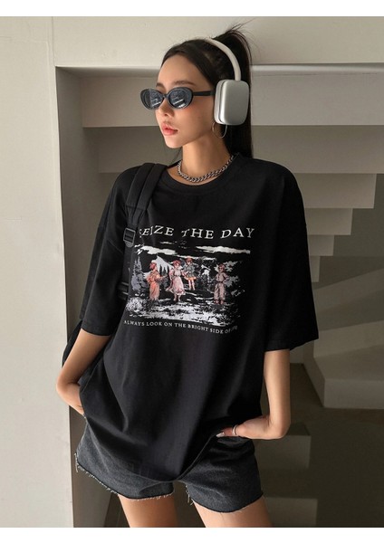 Kadın Seize The Day Baskılı Oversize T-Shirt