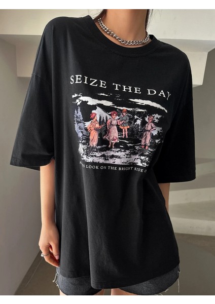 Kadın Seize The Day Baskılı Oversize T-Shirt