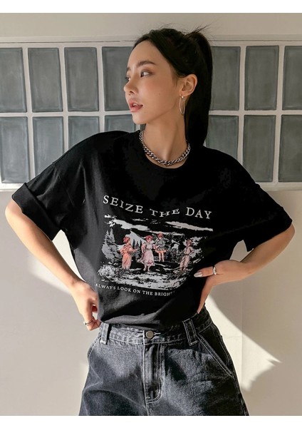 Kadın Seize The Day Baskılı Oversize T-Shirt