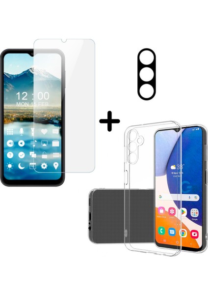 Samsung Galaxy A14 ile Uyumlu Kılıf Şeffaf Temperli Kırılmaz Cam Ekran ve Kamera Lens Koruyucu Seti